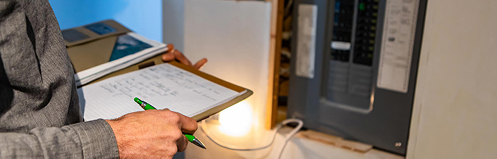 Person holding a clipboard while inspecting an electrical panel